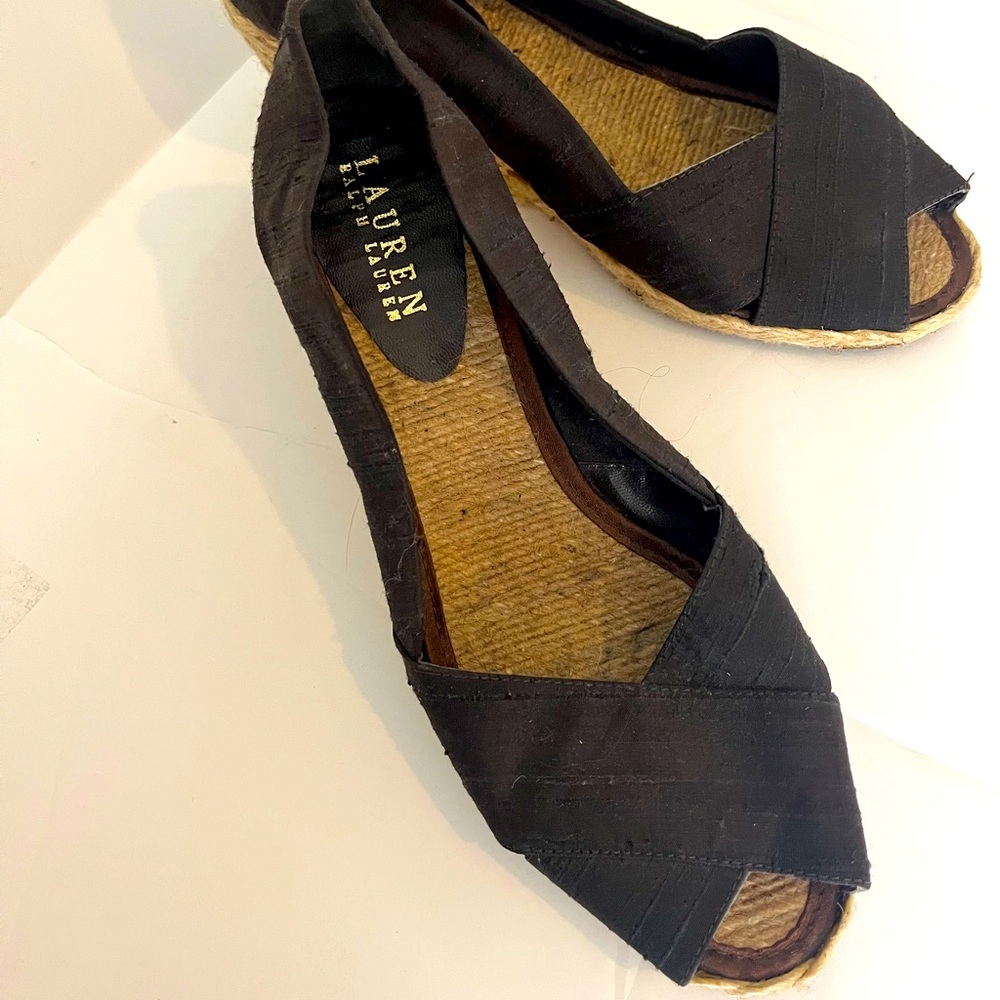 Brown Linen Espadrille Wedges